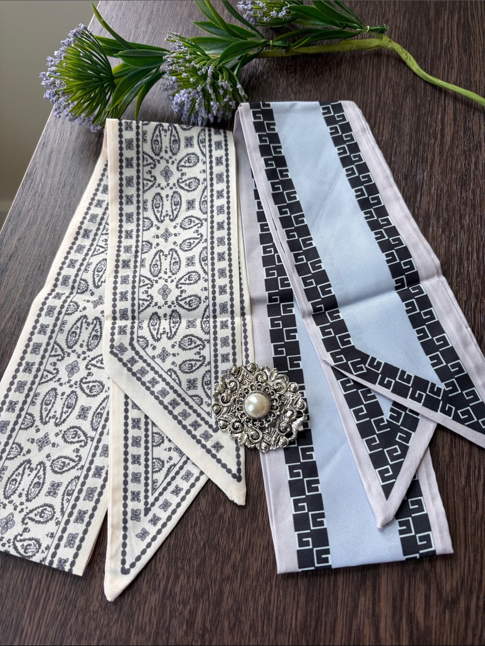 Black & White Patterned Purse/Hair Scarves with Silver-Tone Pearl Brooch